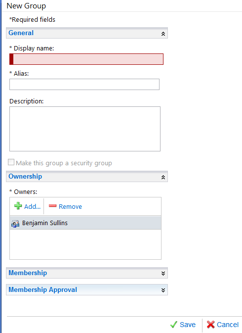 Outlook Web Access New Group Dialogue for Tableau Server